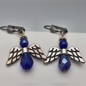 ✨2/$10✨ Handmade Dark Blue Crystal Angel Dangle Earrings Silver-Tone